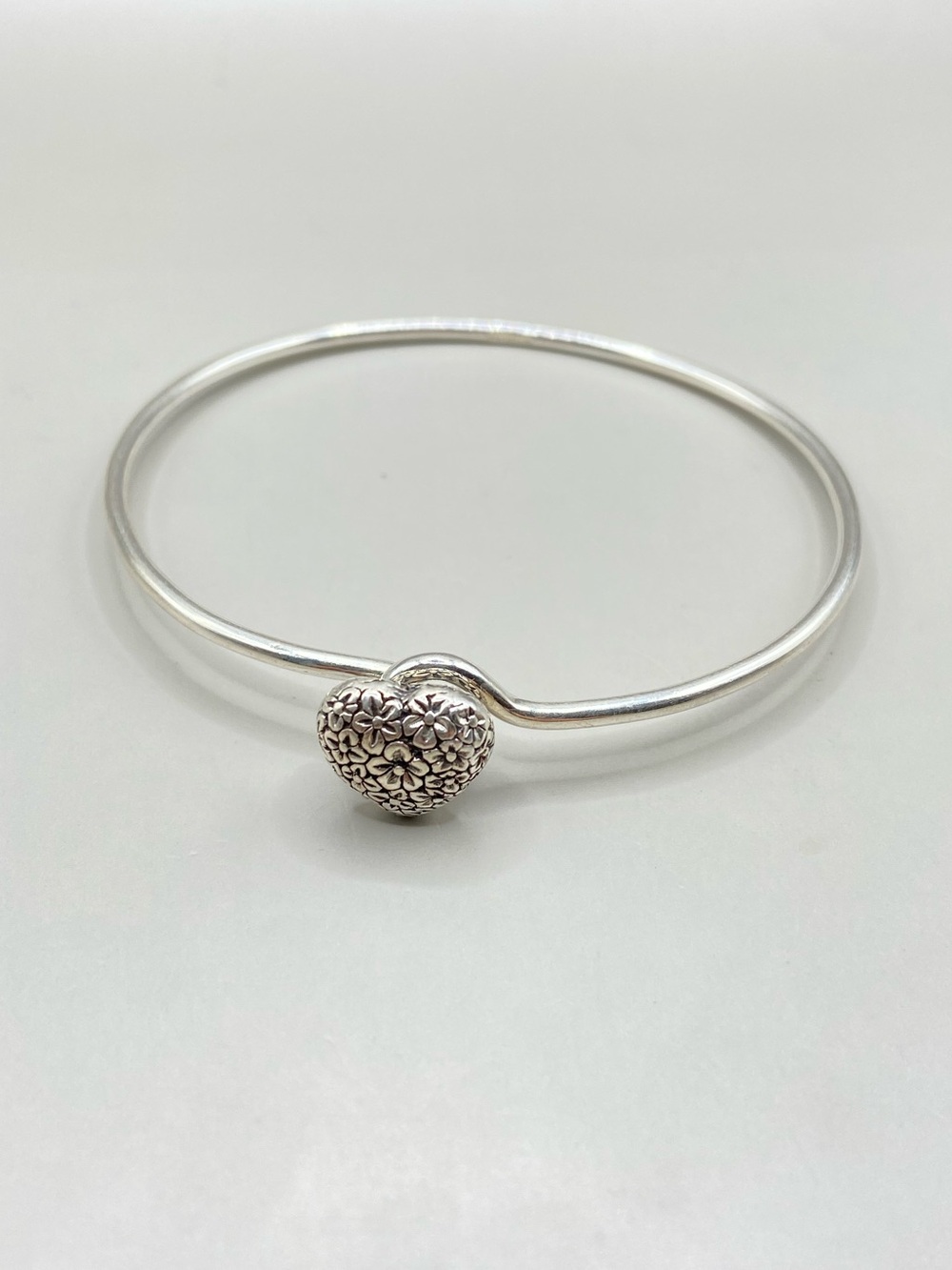 Sterling Silver Floral Heart Hook On Bangle Bracelet